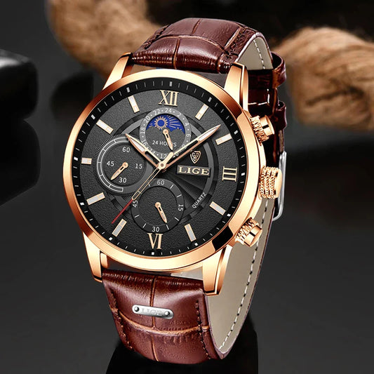 LIGE Leather Sport Watch