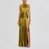Gold Halter Slit Dress