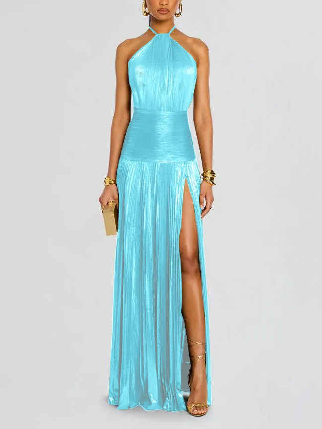 Gold Halter Slit Dress