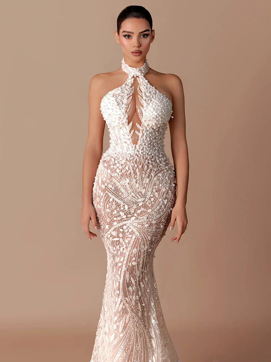 White Halter Maxi Gown