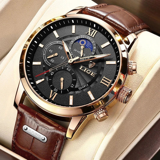 LIGE Leather Sport Watch