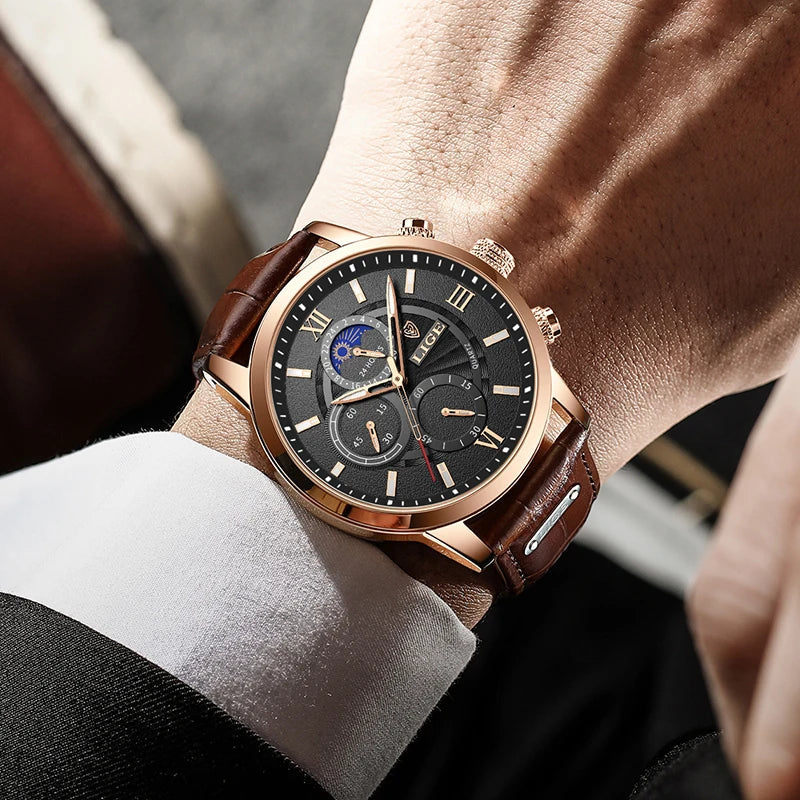 LIGE Leather Sport Watch