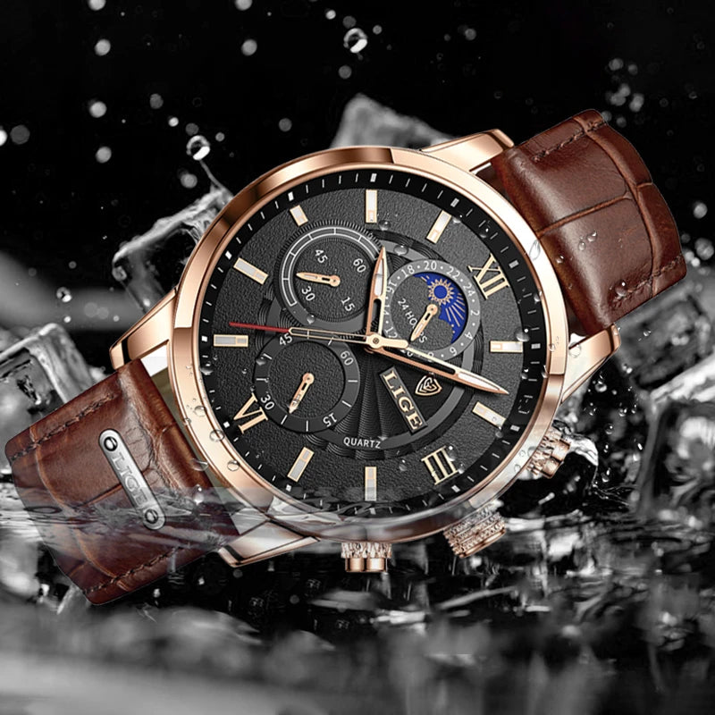 LIGE Leather Sport Watch