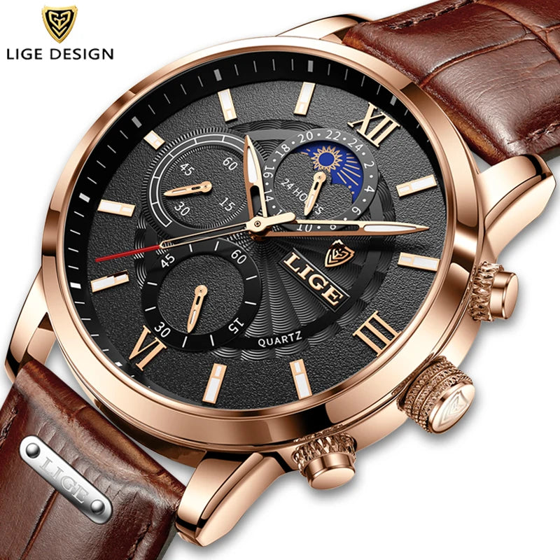 LIGE Leather Sport Watch