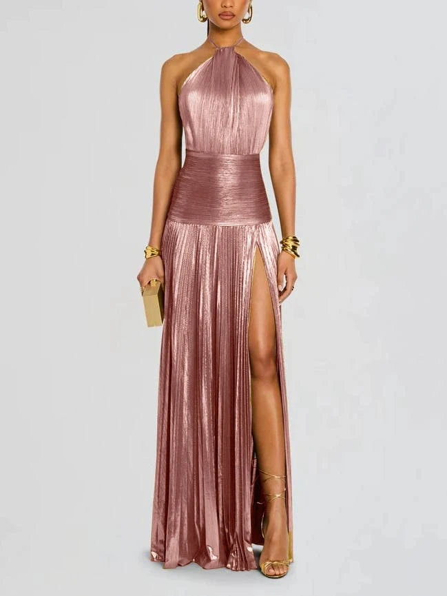 Gold Halter Slit Dress