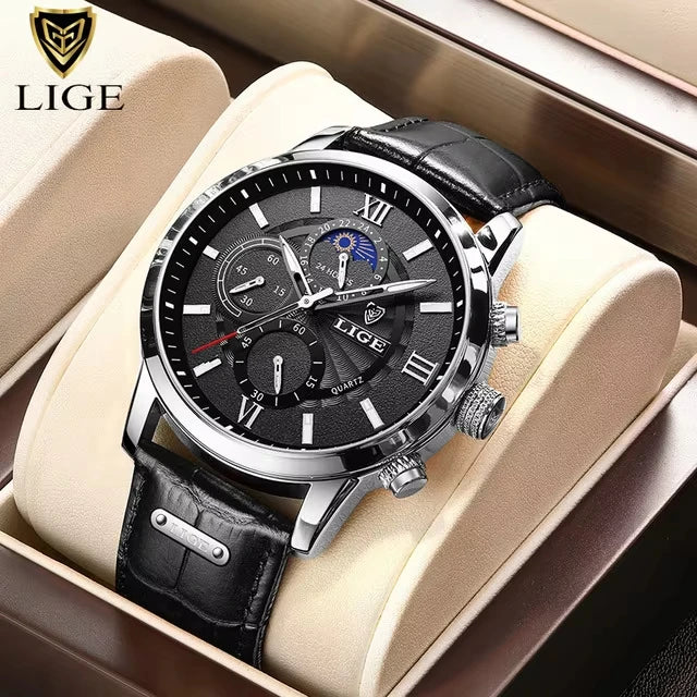 LIGE Leather Sport Watch