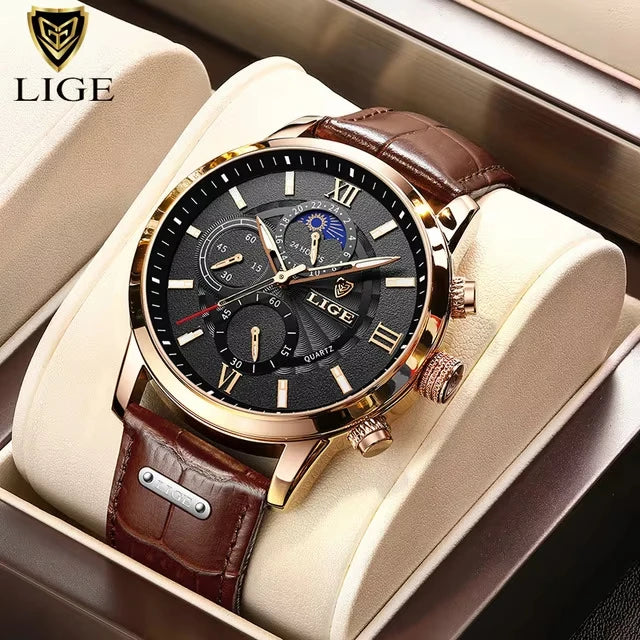 LIGE Leather Sport Watch
