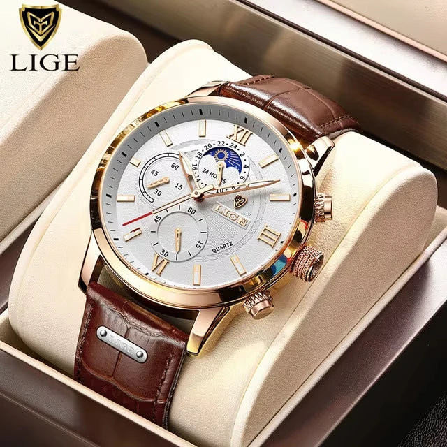 LIGE Leather Sport Watch