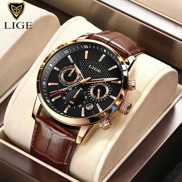 LIGE Leather Sport Watch