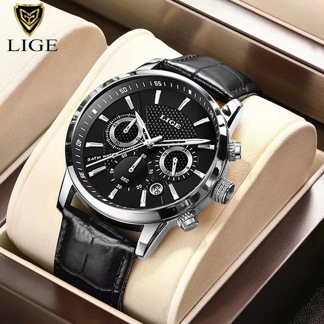 LIGE Leather Sport Watch