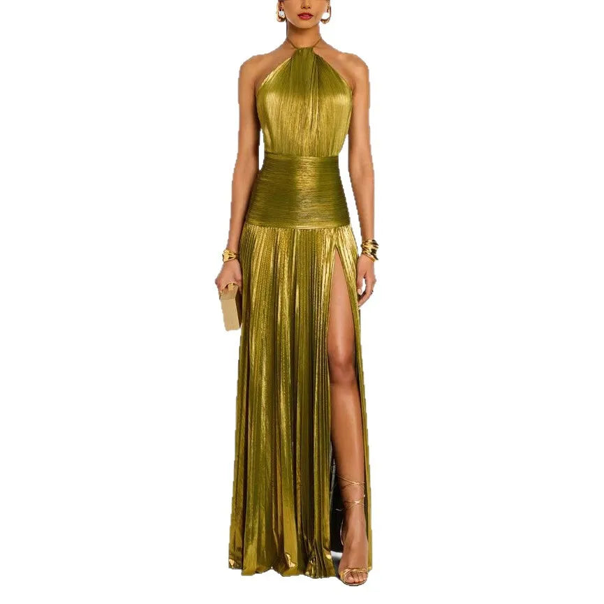 Gold Halter Slit Dress