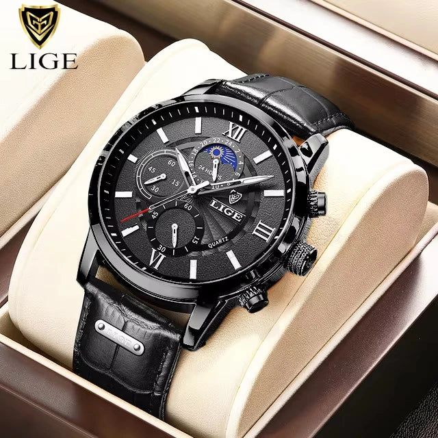 LIGE Leather Sport Watch