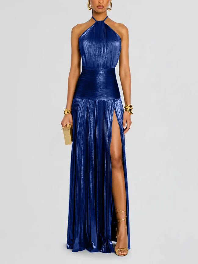 Gold Halter Slit Dress