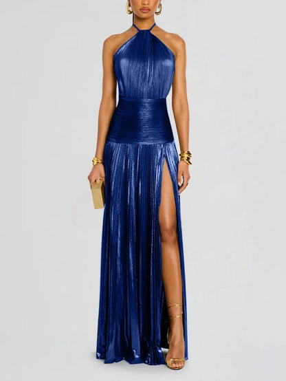 Gold Halter Slit Dress