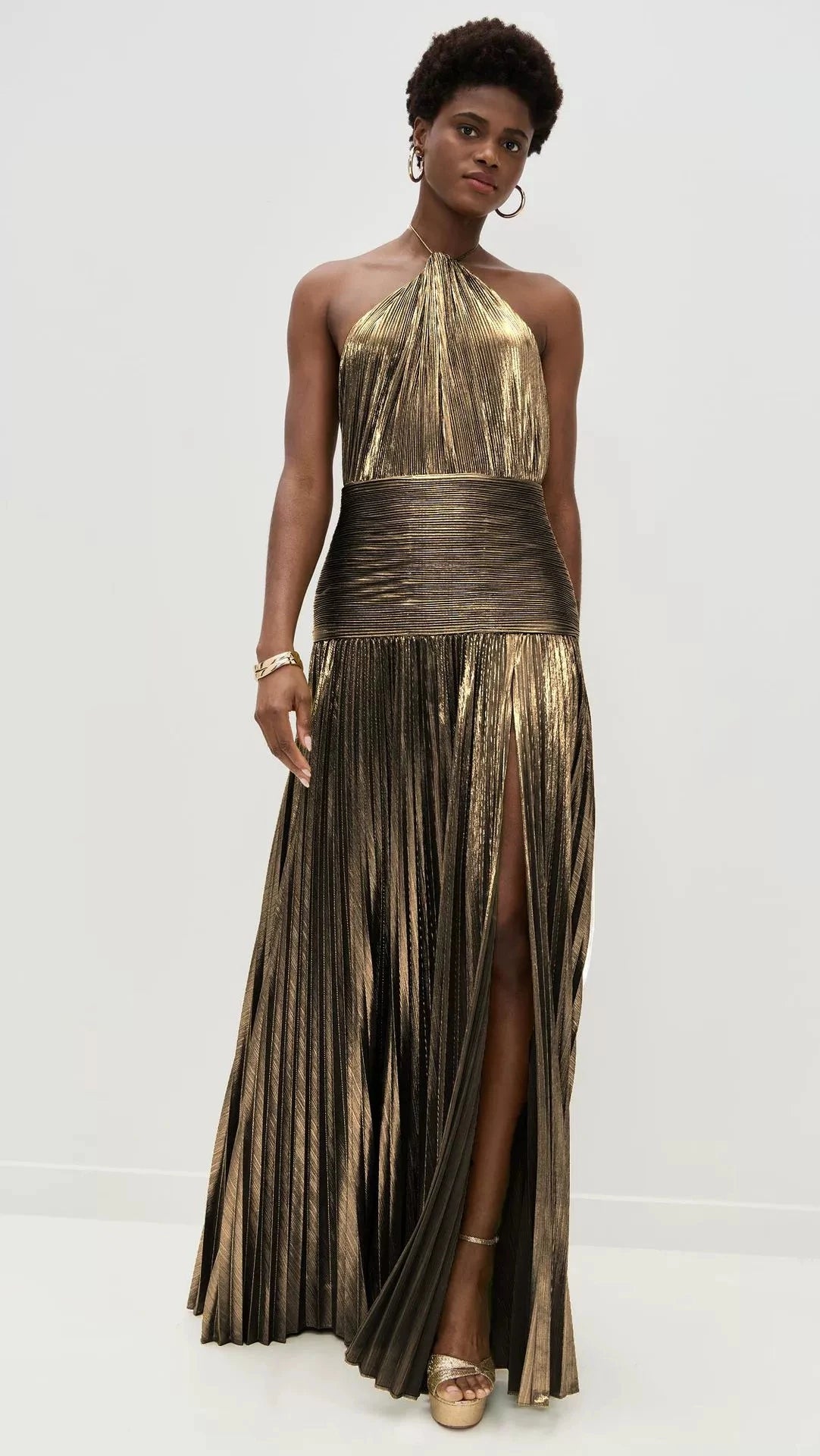 Gold Halter Slit Dress