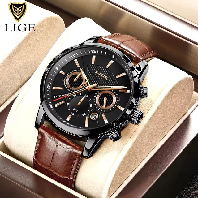 LIGE Leather Sport Watch